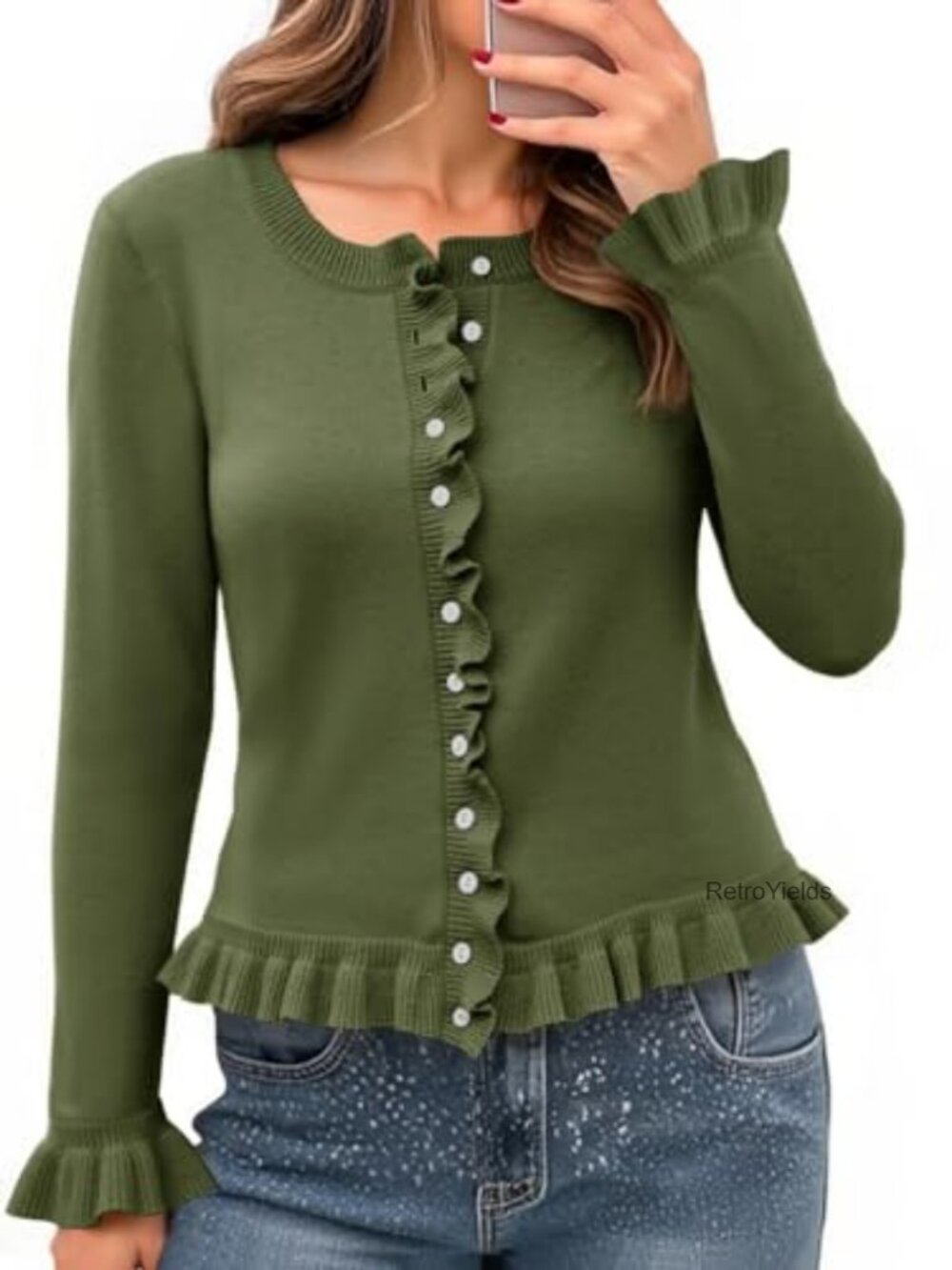 Ruffle Cardigan Long Sleeve Cropped Button Down Sweater